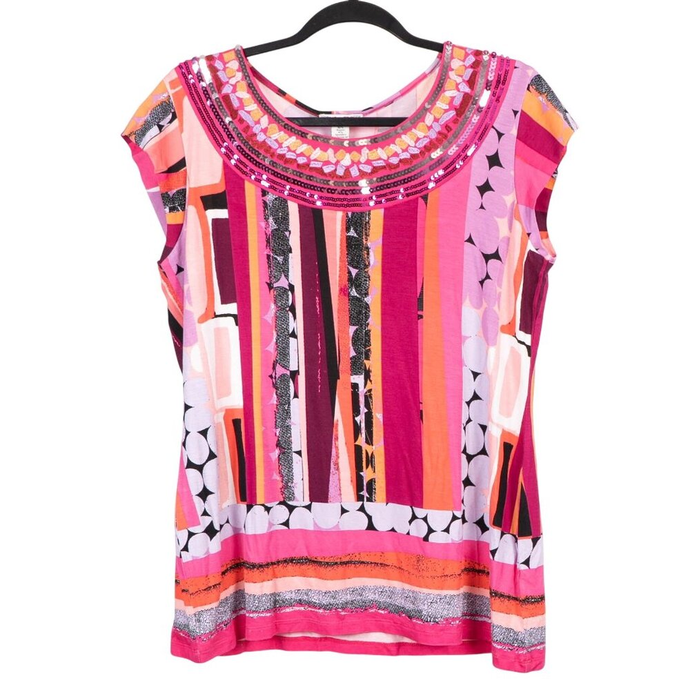 Spring Mercer Womens Shirt NEW Multicolor Striped Sequin Embellished Scoop Neck